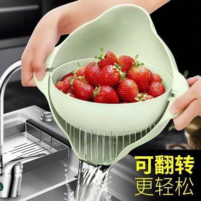 环保小麦秸秆 双层可翻转式分离沥水篮   洗菜洗水果淘米 一篮多用， 商品图3