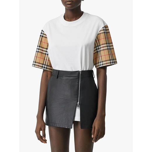 【一】BURBERRY 巴宝莉 女士 Vintage 格纹衣袖棉质宽松圆领短袖T恤 白色 8014896 A1464 商品图1