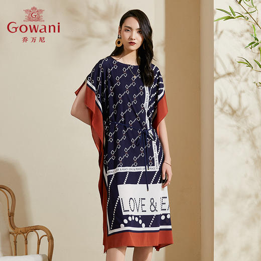 乔万尼新款夏季真丝桑蚕丝连衣裙女时尚气质宽松印花长裙过膝ES2E173 商品图1