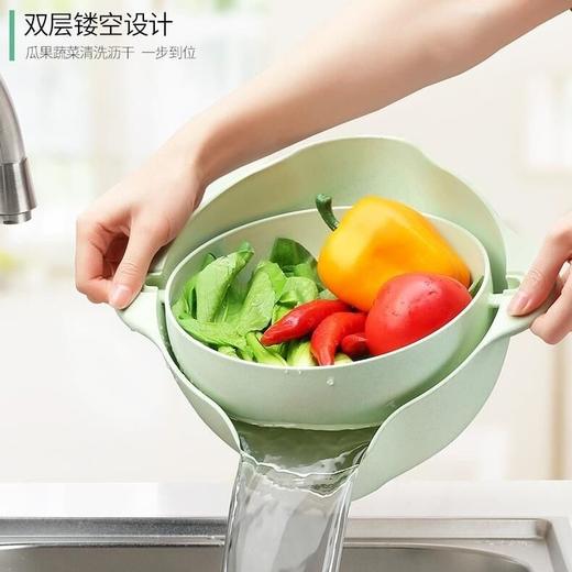 环保小麦秸秆 双层可翻转式分离沥水篮   洗菜洗水果淘米 一篮多用， 商品图4