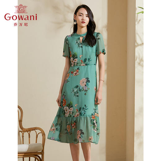 乔万尼连衣裙女夏新款修身显瘦气质长款印花真丝连衣裙过膝ES2E131 商品图1