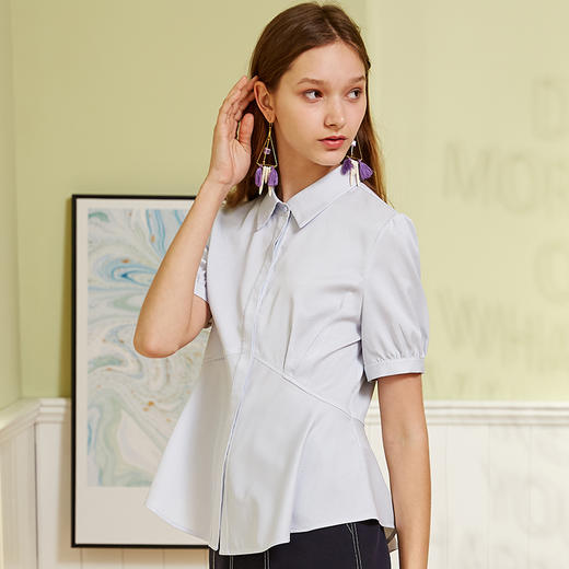 欧芮儿夏装新款女装细条纹短袖衬衫上衣 商品图1