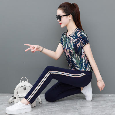 qym098092020新款夏装女士运动套装女夏碎花短袖t恤长裤两件套休闲
