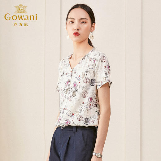 乔万尼真丝短袖上衣女设计感衬衫时尚气质v领印花桑蚕丝衬衣夏ES2C135 商品图1