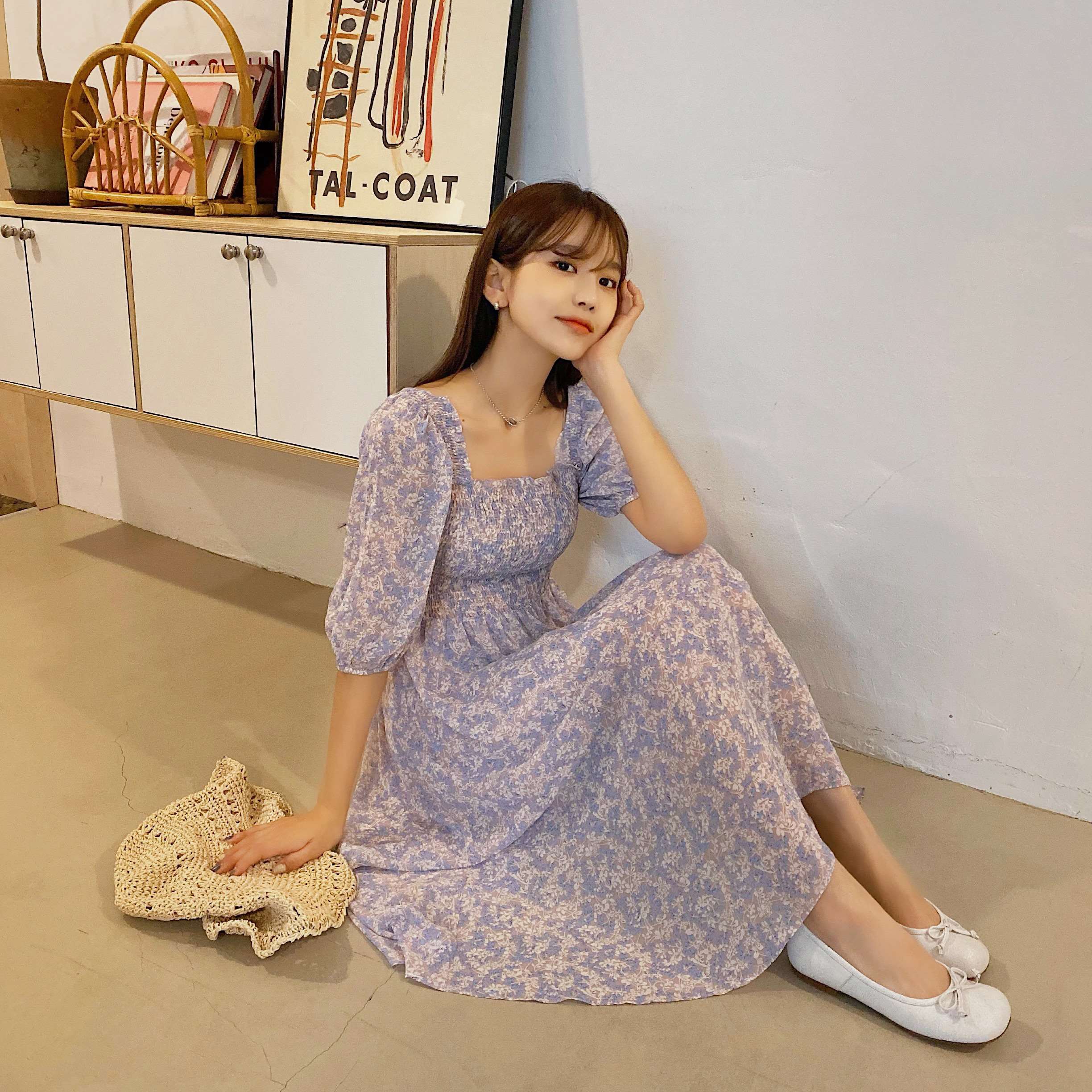 韩都衣舍2021夏装新款女装气质法式高腰方领紫色碎花连衣裙女鲲