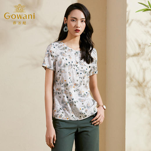 乔万尼桑蚕丝上衣女夏新款印花圆领短袖真丝衬衫宽松显瘦洋气衬衣ES2C133 商品图1