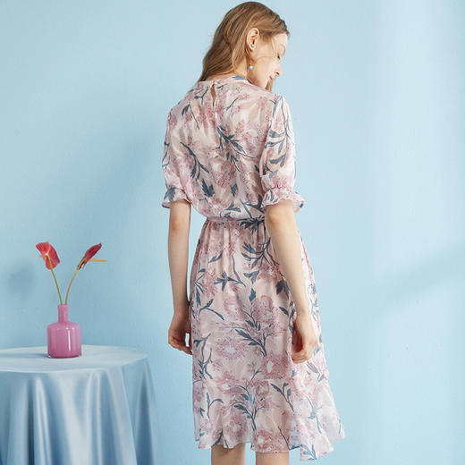 欧芮儿夏装新款喇叭袖V领不规则荷叶边裙印花雪纺连衣裙女8XLC11861 商品图2