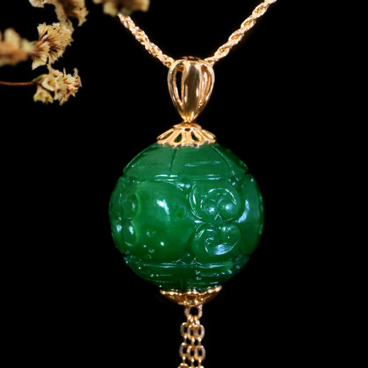 18K玫瑰金和田玉（碧玉）镶钻吊坠 /雕花圆珠18mm/菠菜绿 商品图1