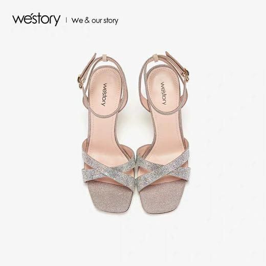 westory2020春夏新款一字扣亮片高跟鞋女粗跟格利特W29BG60131 商品图1
