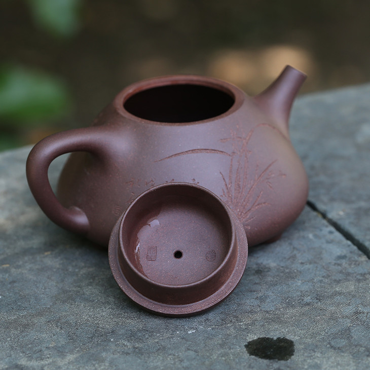 青山精选宜兴正宗手工石瓢刻绘兰花紫泥紫砂壶现货顺丰包邮xkz15