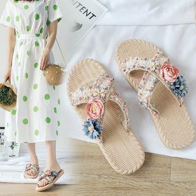 XH-4588夏季新款波西米亚花朵拖鞋大码编织沙滩拖透气清凉潮WY