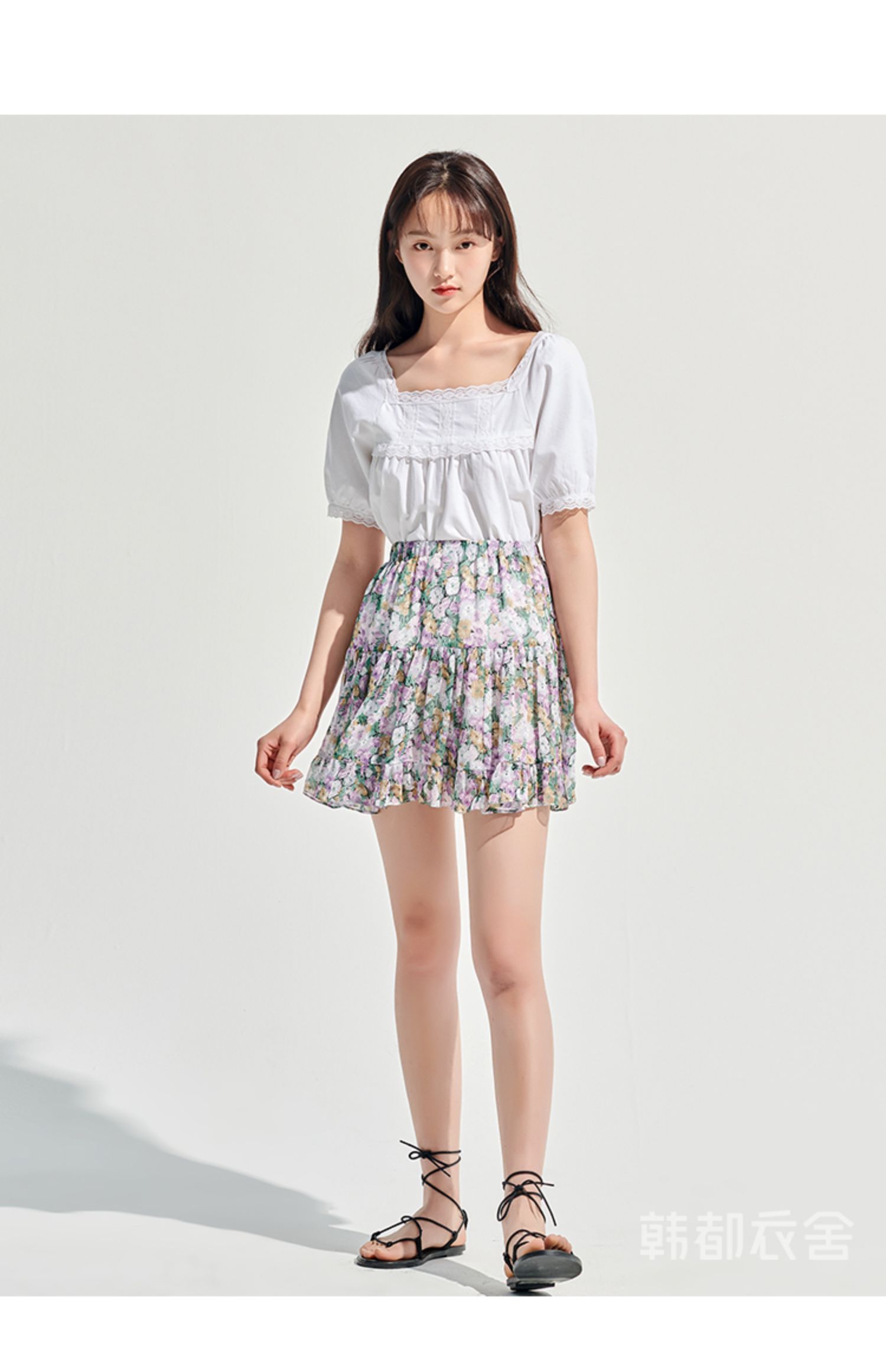 韩都衣舍2021夏装新款女装小清新紫色碎花短裙半身裙rn0029婋