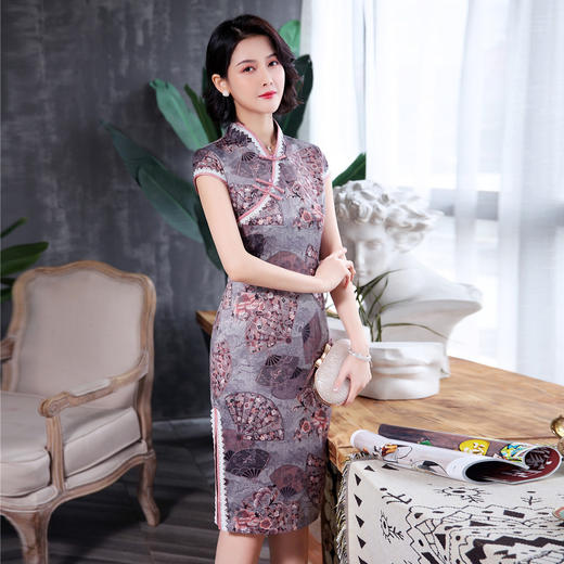 春季低领蕾丝边少女复古改良中长款旗袍(货号 ky84518)