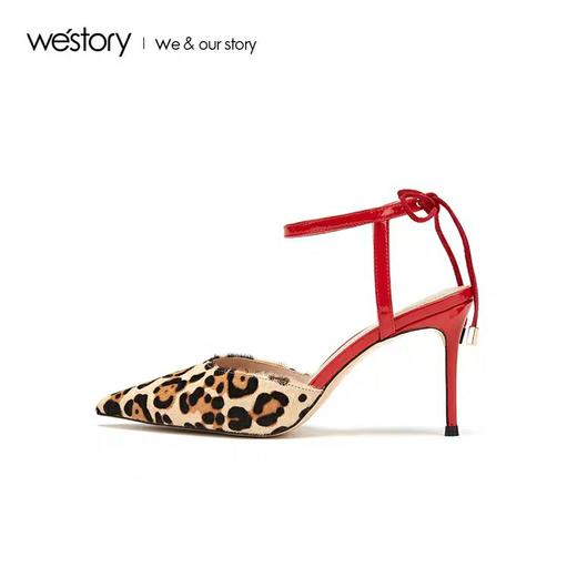 westory豹纹包头凉鞋女一字带真皮尖头细高跟2020新款W29AH50121 商品图2