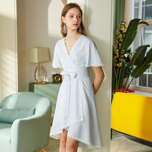 OLrain法式高级穿搭蓝白条纹连衣裙女夏季收腰一片式裙 商品图1