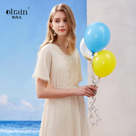 OLrain法式连衣裙女夏季2022收腰蕾丝拼接甜美裙