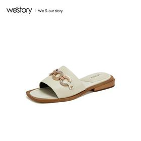 westory2019春夏新款金属饰物拖鞋女平底舒适水钻简约W29BJ60351