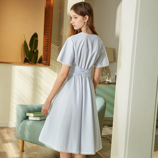 OLrain法式高级穿搭蓝白条纹连衣裙女夏季收腰一片式裙 商品图2