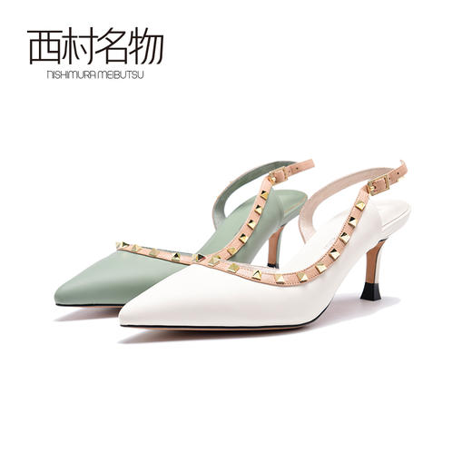 西村名物2020春夏新款女士包头凉鞋高跟铆钉凉拖漏脚背尖头穆勒鞋 T20AE10811 商品图0