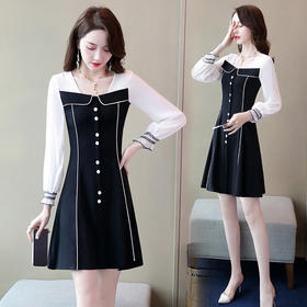 WZNH-CPYY9962小香风个性减龄舒适长袖拼色连衣裙