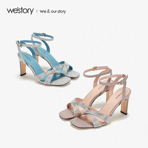 westory2020春夏新款一字扣亮片高跟鞋女粗跟格利特W29BG60131 商品图3