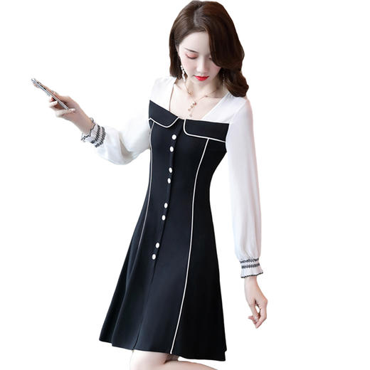 WZNH-CPYY9962小香风个性减龄舒适长袖拼色连衣裙 商品图4