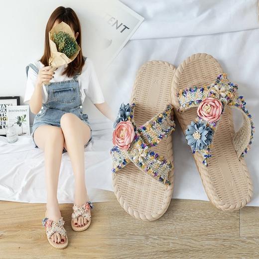 XH-4588夏季新款波西米亚花朵拖鞋大码编织沙滩拖透气清凉潮WY 商品图1
