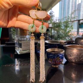 惊艳了时光！纯天然蝴蝶花纹和田玉翡翠平安扣天然珍珠流苏耳环 精品荟萃 秀雅如兰 可做耳环挂坠 极具古中国风情
