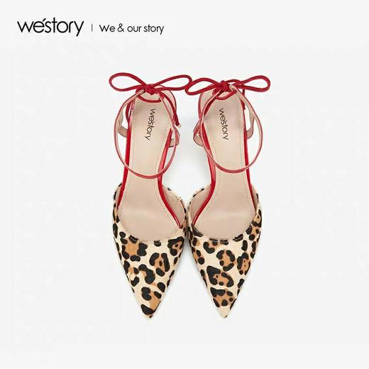 westory豹纹包头凉鞋女一字带真皮尖头细高跟2020新款W29AH50121 商品图1