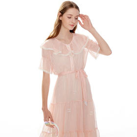 OLrain法式高级穿搭波点连衣裙女夏季2022气质娃娃领粉色裙子