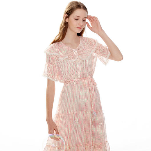 OLrain法式高级穿搭波点连衣裙女夏季2022气质娃娃领粉色裙子 商品图0