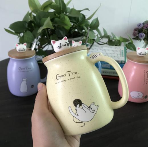 日式可爱猫咪马克杯水杯创意陶瓷带盖勺情侣办公室家用男女喝水杯 商品图1