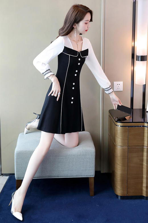 WZNH-CPYY9962小香风个性减龄舒适长袖拼色连衣裙 商品图5