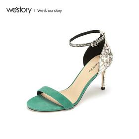 westory2020新款高跟凉鞋女细跟甜美复古风蛇皮纹单鞋W29BG60071