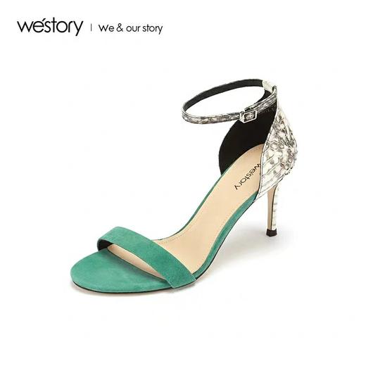westory2020新款高跟凉鞋女细跟甜美复古风蛇皮纹单鞋W29BG60071 商品图0