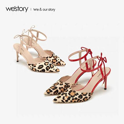 westory豹纹包头凉鞋女一字带真皮尖头细高跟2020新款W29AH50121 商品图3
