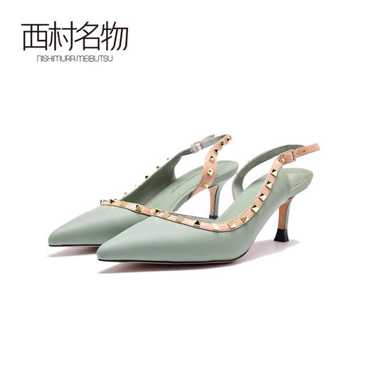 西村名物2020春夏新款女士包头凉鞋高跟铆钉凉拖漏脚背尖头穆勒鞋 T20AE10811 商品图2