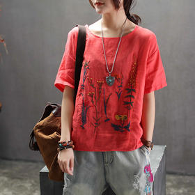 JS-新款短袖T恤衫亚麻刺绣图案宽松文艺休闲上衣