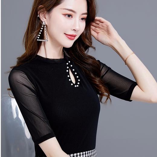 MZ-MZ3266上衣新款大码中袖半高领镂空修身袖珍珠网纱打底衫WY 商品图0