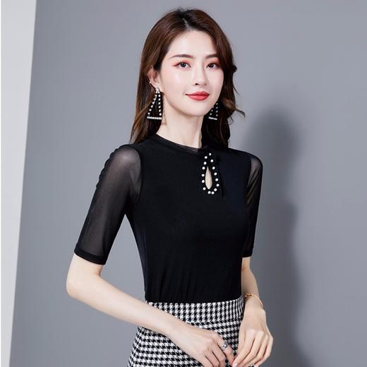 MZ-MZ3266上衣新款大码中袖半高领镂空修身袖珍珠网纱打底衫WY 商品图1