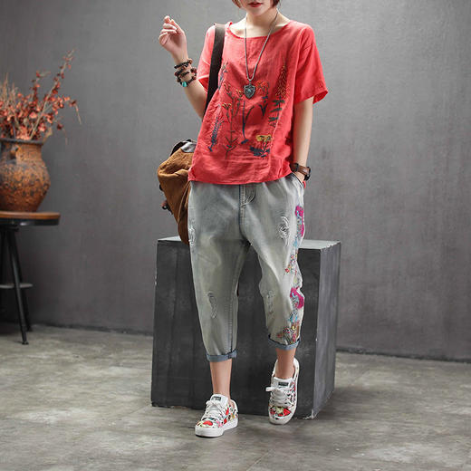 JS-新款短袖T恤衫亚麻刺绣图案宽松文艺休闲上衣 商品图2