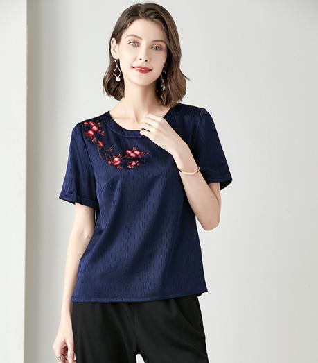 QY  YS20916简约百搭短袖梅花绣花桑蚕丝衬衫 商品图1