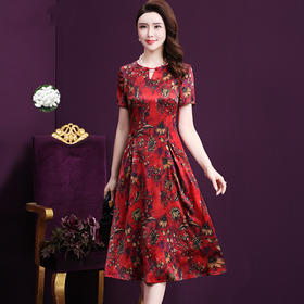 WXY-98232W夏新款修身重磅真丝复古印花婚礼宴会气质礼服裙