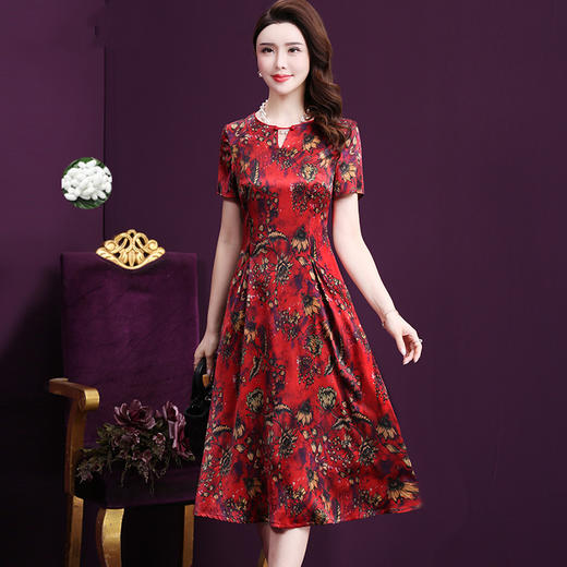 WXY-98232W夏新款修身重磅真丝复古印花婚礼宴会气质礼服裙 商品图0