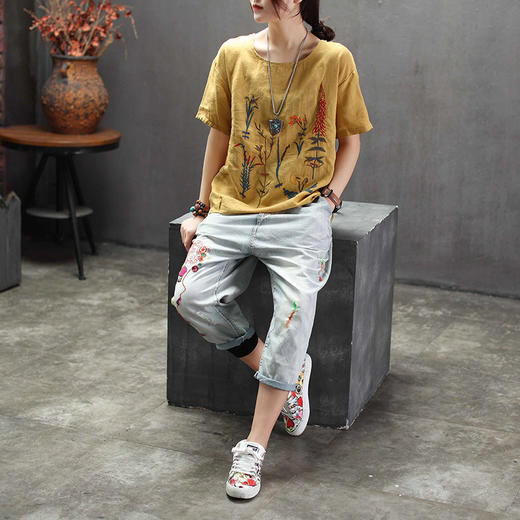 JS-新款短袖T恤衫亚麻刺绣图案宽松文艺休闲上衣 商品图1