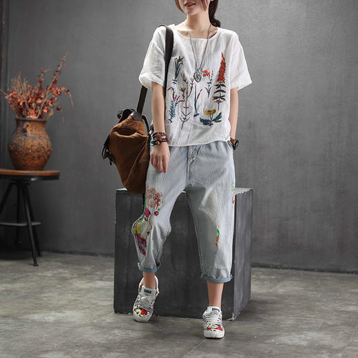 JS-新款短袖T恤衫亚麻刺绣图案宽松文艺休闲上衣 商品图3