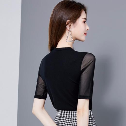 MZ-MZ3266上衣新款大码中袖半高领镂空修身袖珍珠网纱打底衫WY 商品图3