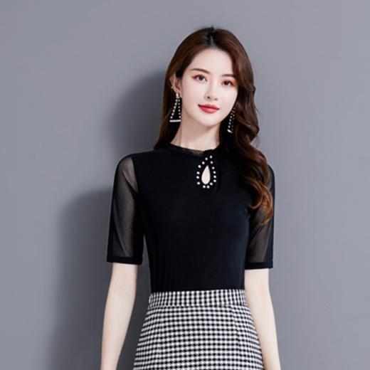 MZ-MZ3266上衣新款大码中袖半高领镂空修身袖珍珠网纱打底衫WY 商品图2