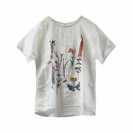 JS-新款短袖T恤衫亚麻刺绣图案宽松文艺休闲上衣 商品图4