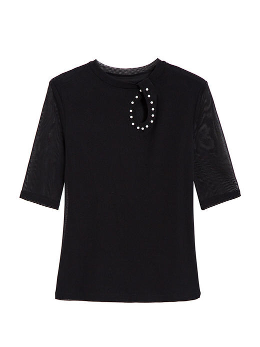 MZ-MZ3266上衣新款大码中袖半高领镂空修身袖珍珠网纱打底衫WY 商品图4